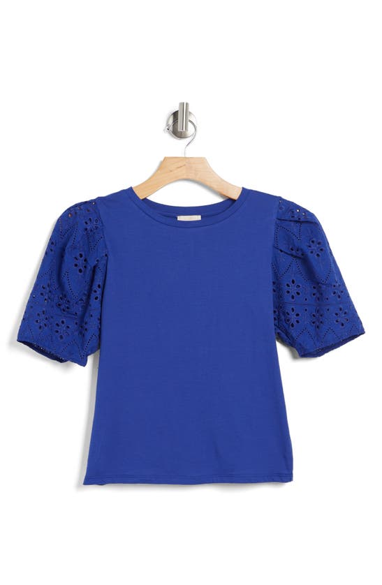 Shop Industry Republic Clothing Eyelet Sleeve Cotton Top In Blue Nouveau