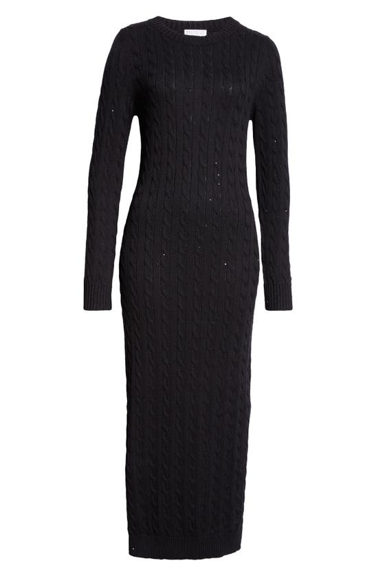 Shop Brunello Cucinelli Sequin Long Sleeve Cable Sweater Dress In Black