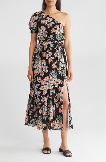 Shop Lovestitch One-shoulder Floral Maxi Dress In Black/pink