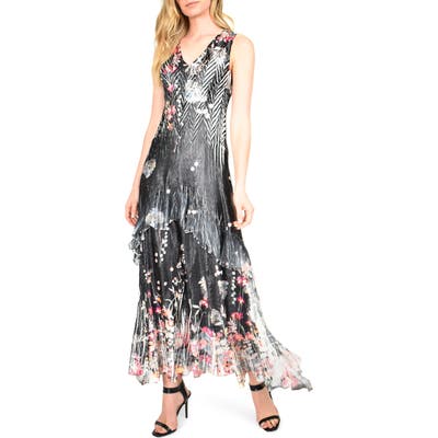 Komarov Lace-Up Back Charmeuse & Chiffon Maxi Dress, Purple