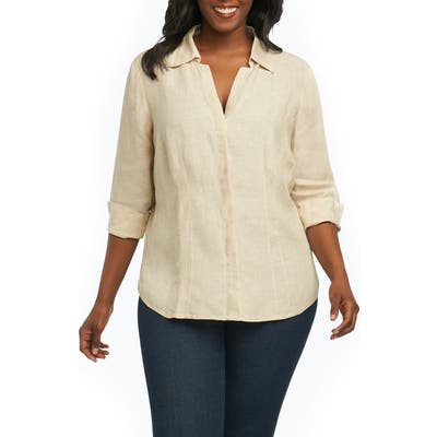 Plus Size Foxcroft Taylor Three Quarter Sleeve Linen Shirt, Beige