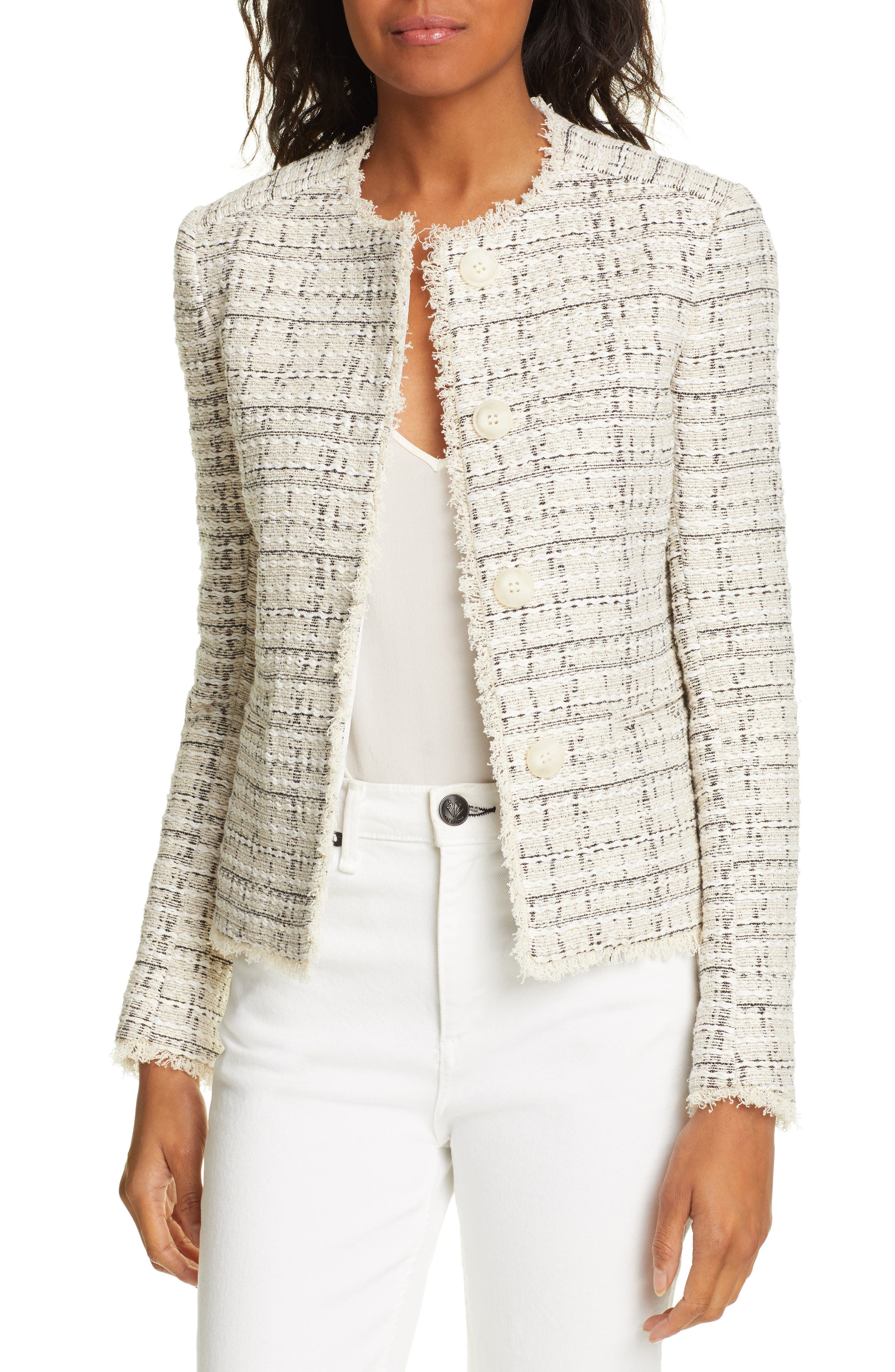 Helene Berman Fringe Detail Cotton Blend Tweed Jacket | Nordstrom
