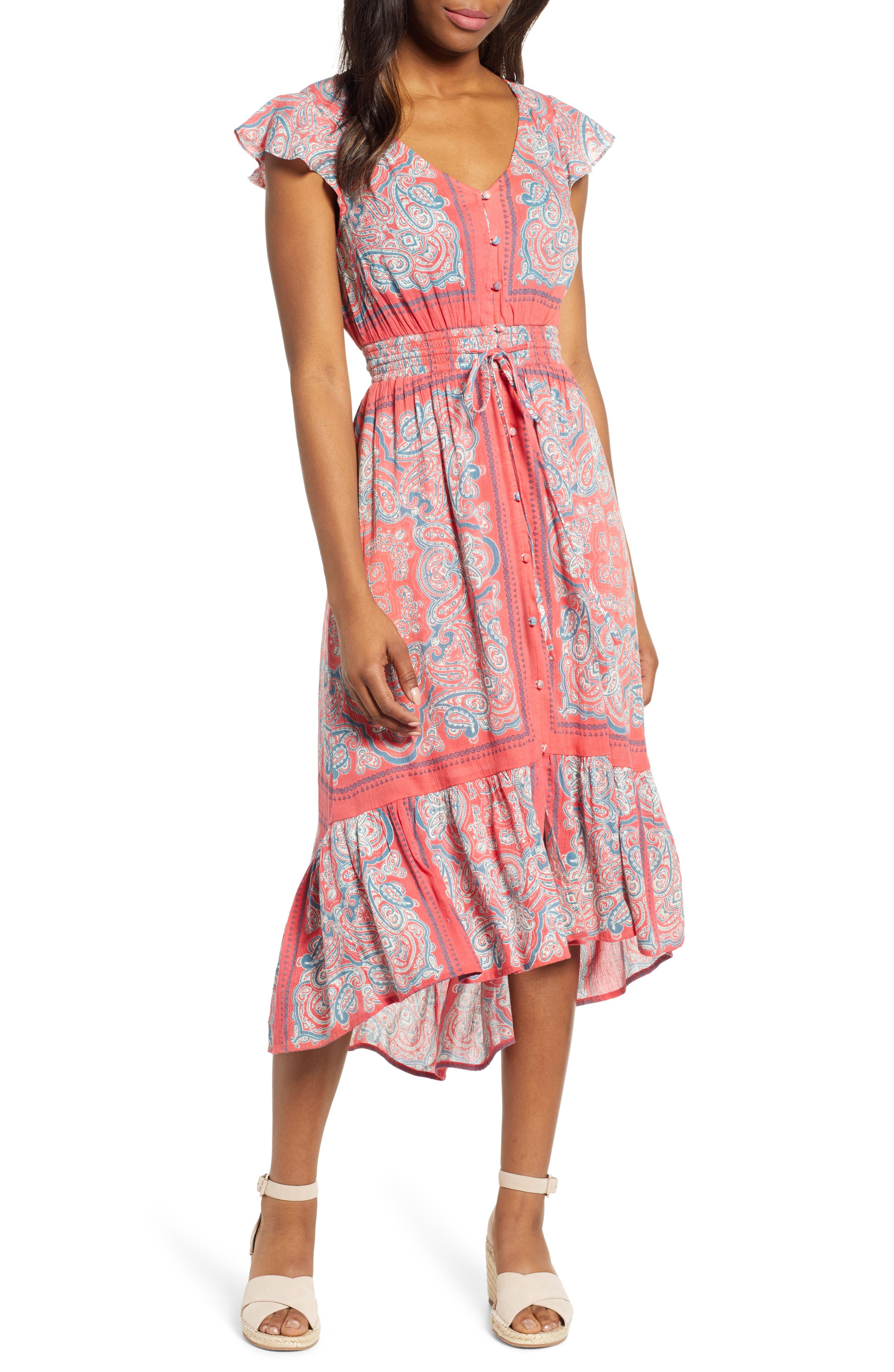 Lucky Brand Felice Border Print Cotton Blend Dress, Red