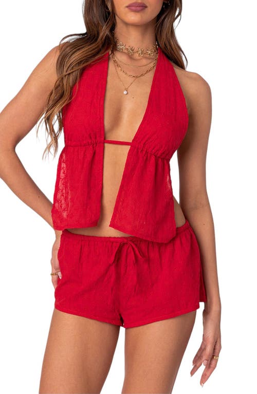 EDIKTED EDIKTED CAYENNE EYELET SPLIT FRONT OPEN BACK HALTER TOP