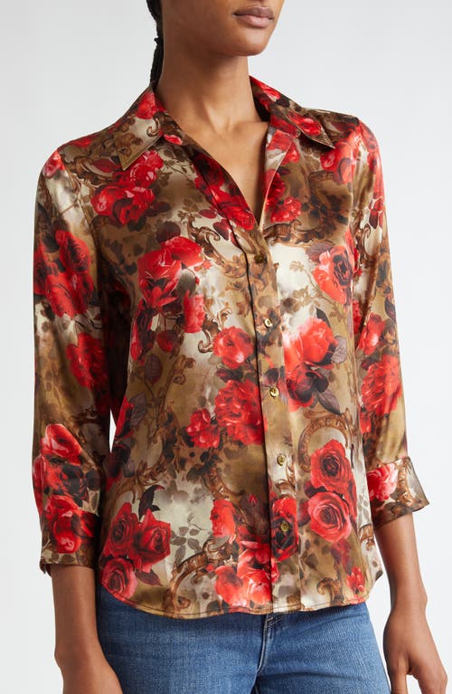 Shop L Agence L'agence Dani Floral Silk Button-up Shirt In Army/pink Floral