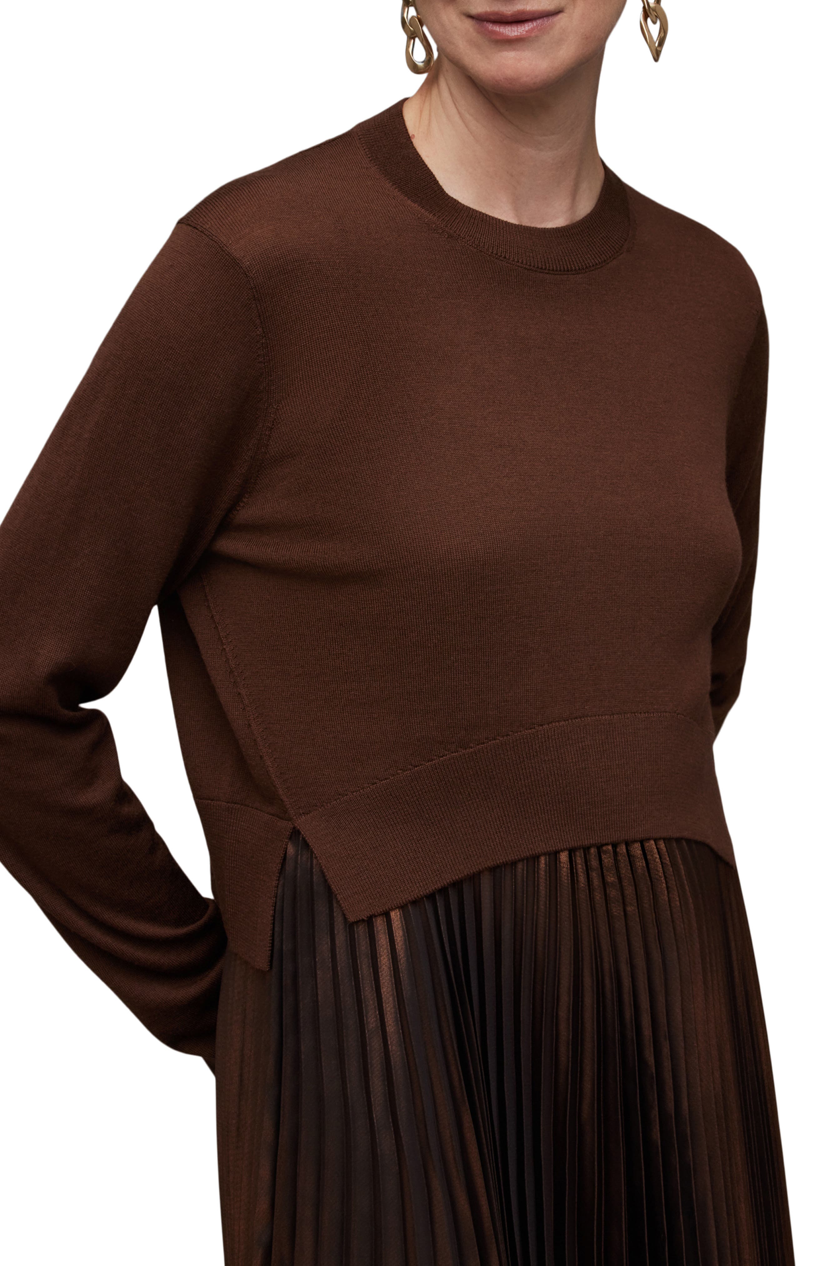 AllSaints Nadia Two-Piece Metallic Dress & Merino Wool Sweater in Pale  Cacao/Black | Smart Closet