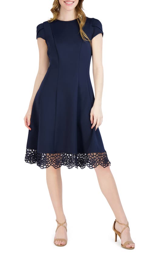 Donna Ricco Tulip Sleeve Lace Hem Fit & Flare Dress In Navy