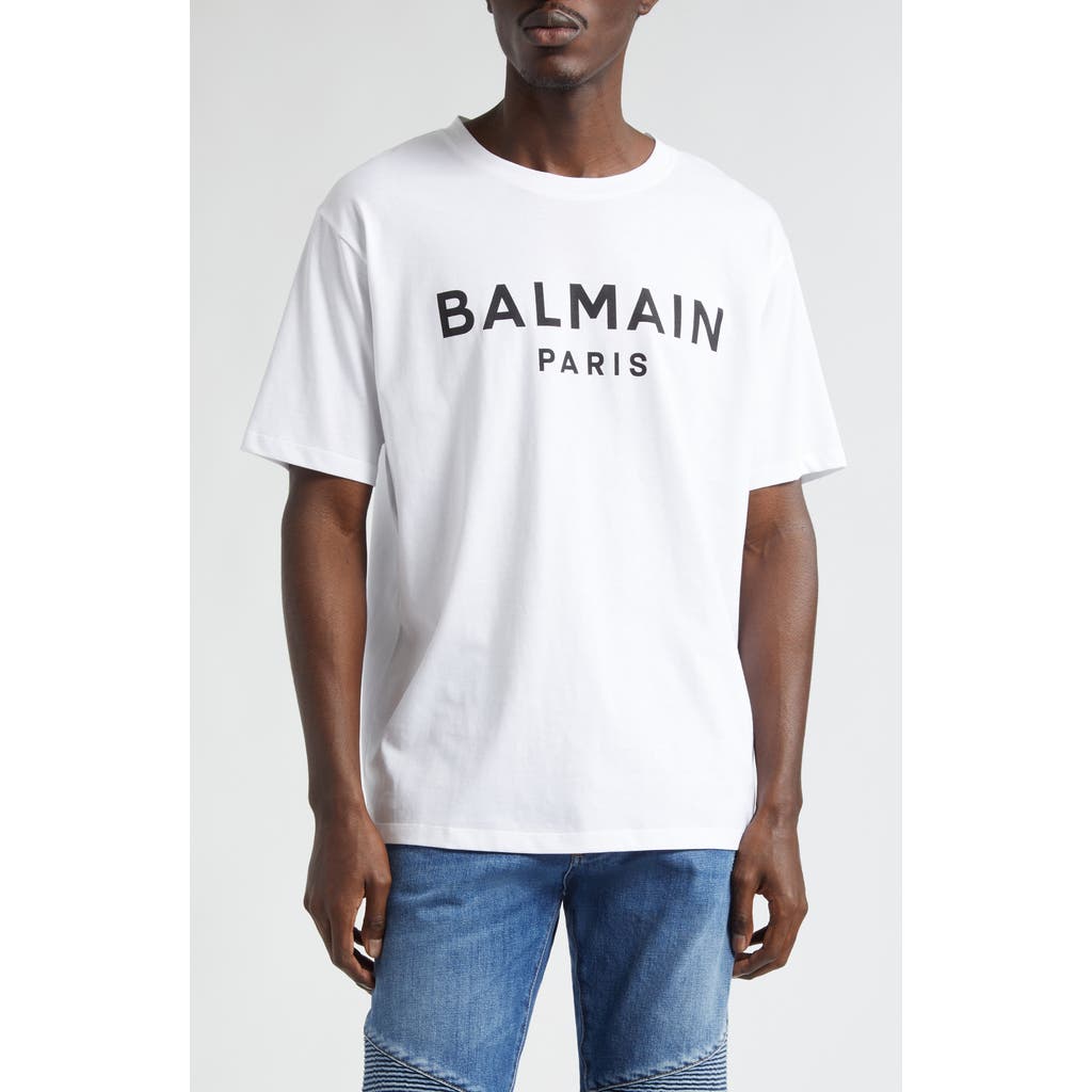 Balmain White Crewneck T-shirt With Contrasting Logo Lettering Print In Gab White/black