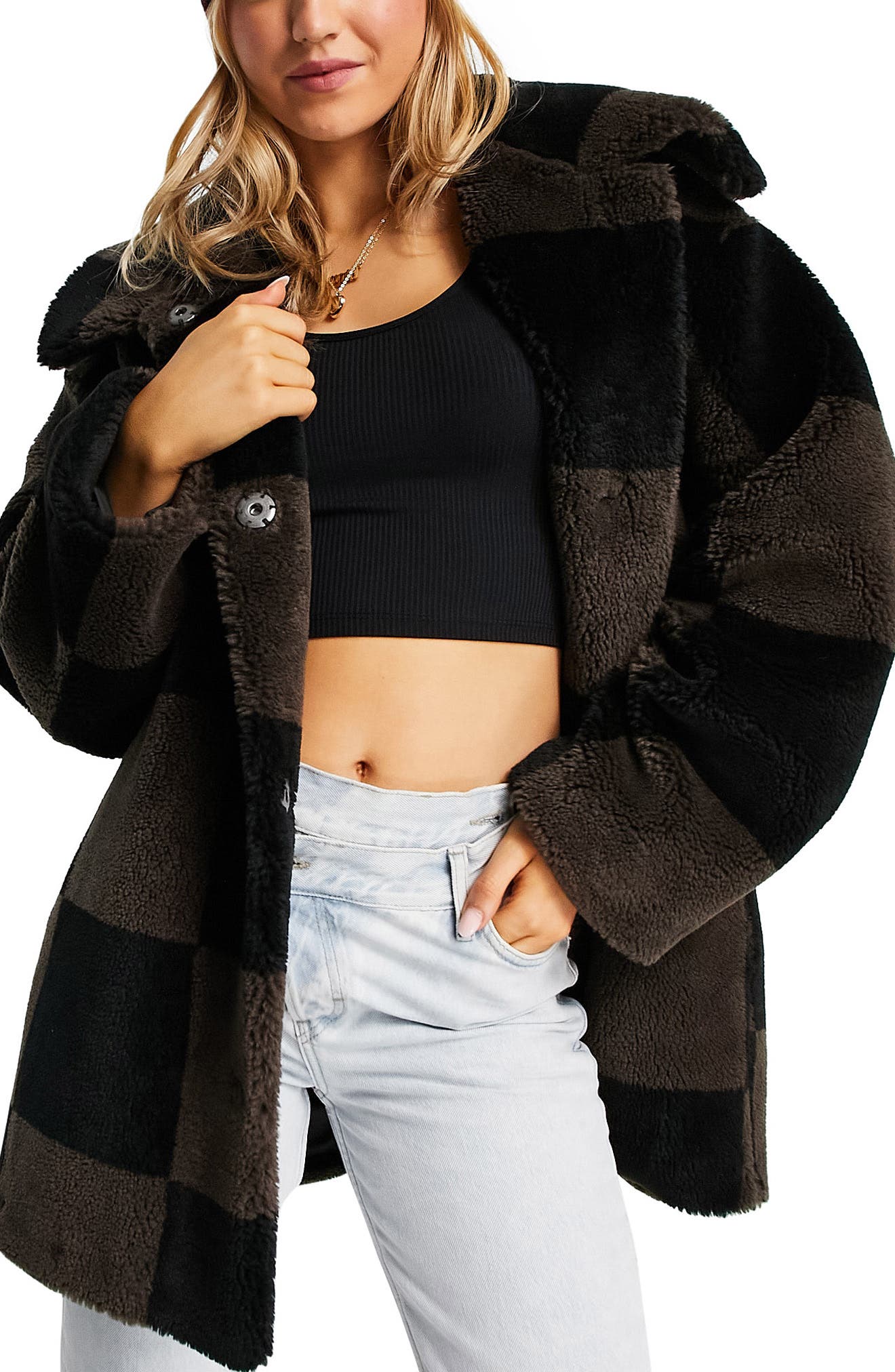 ASOS DESIGN Checkerboard Teddy Coat 
