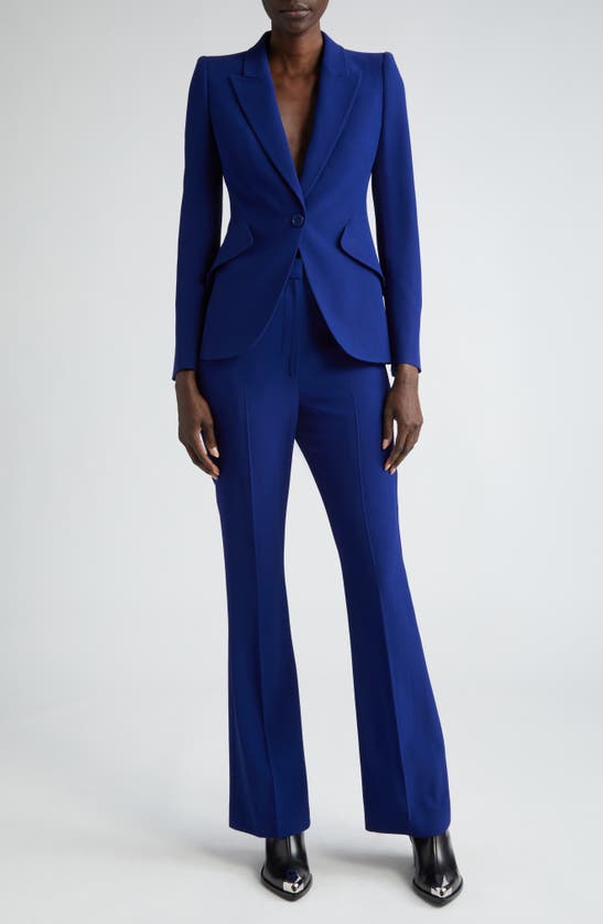 Shop Alexander Mcqueen High Waist Bootcut Crepe Trousers In Electric Navy