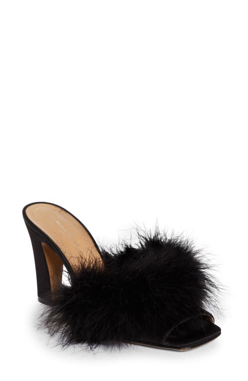 Feather Peep Toe Slide Sandal in Black