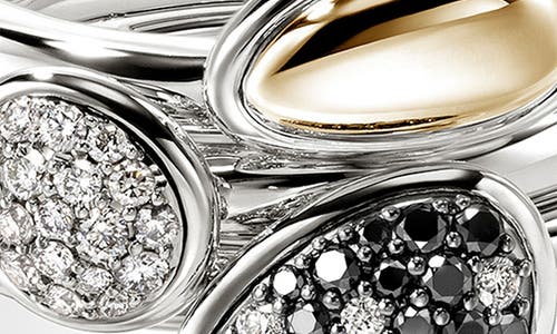 John Hardy Pebble Stacking Rings, Sterling Silver, Gold, Black Sand Diamond Pavé In Silver
