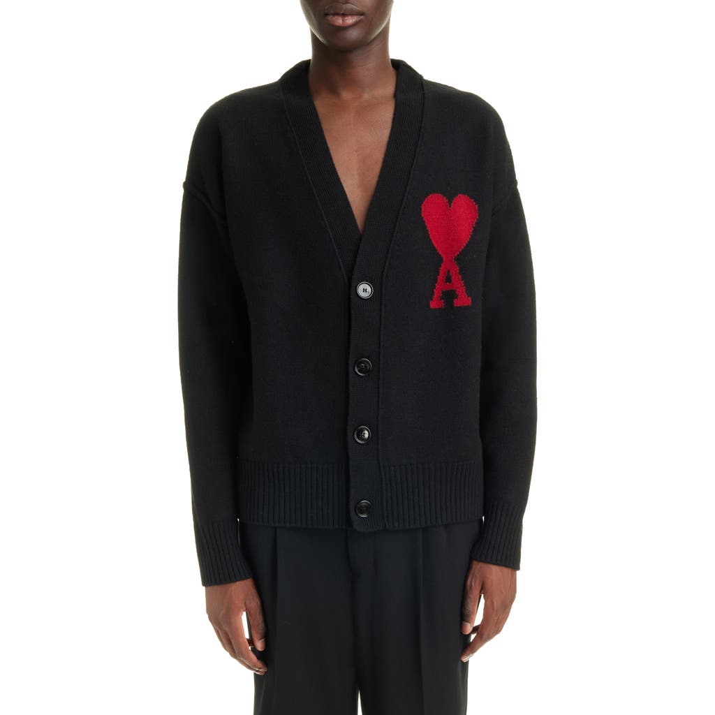 Ami Alexandre Mattiussi Ami Paris Ami De Coeur Wool Cardigan In Black/red/009