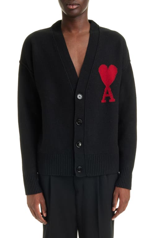 Ami PARIS De Coeur Wool Cardigan Black/Red/009 at Nordstrom,