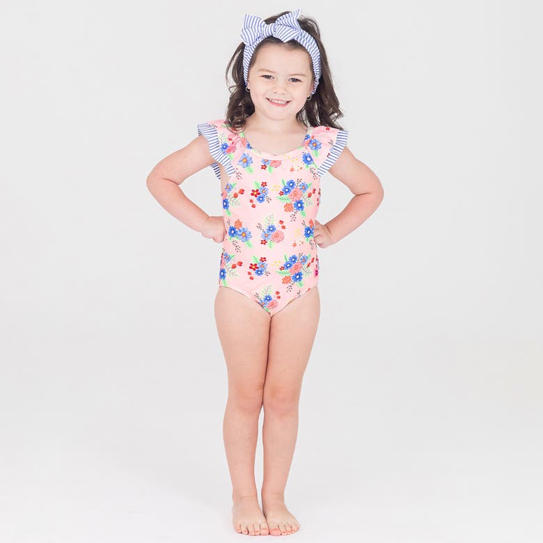 Shop Rufflebutts Girls Ruffle V-back One Piece In Coastal Breeze Floral