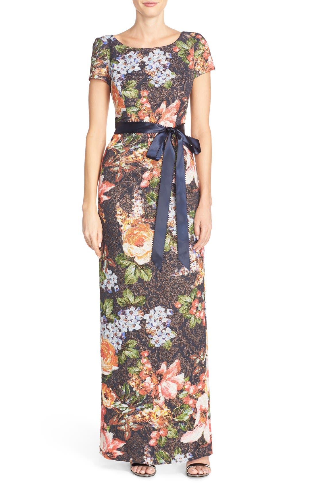 adrianna papell floral print column gown