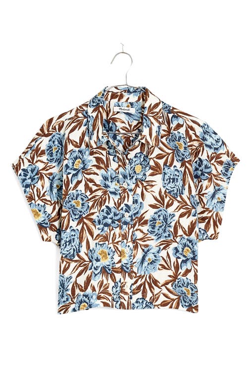 Madewell Floral Short Sleeve Linen Crop Button-up Shirt In Stonewash Blue