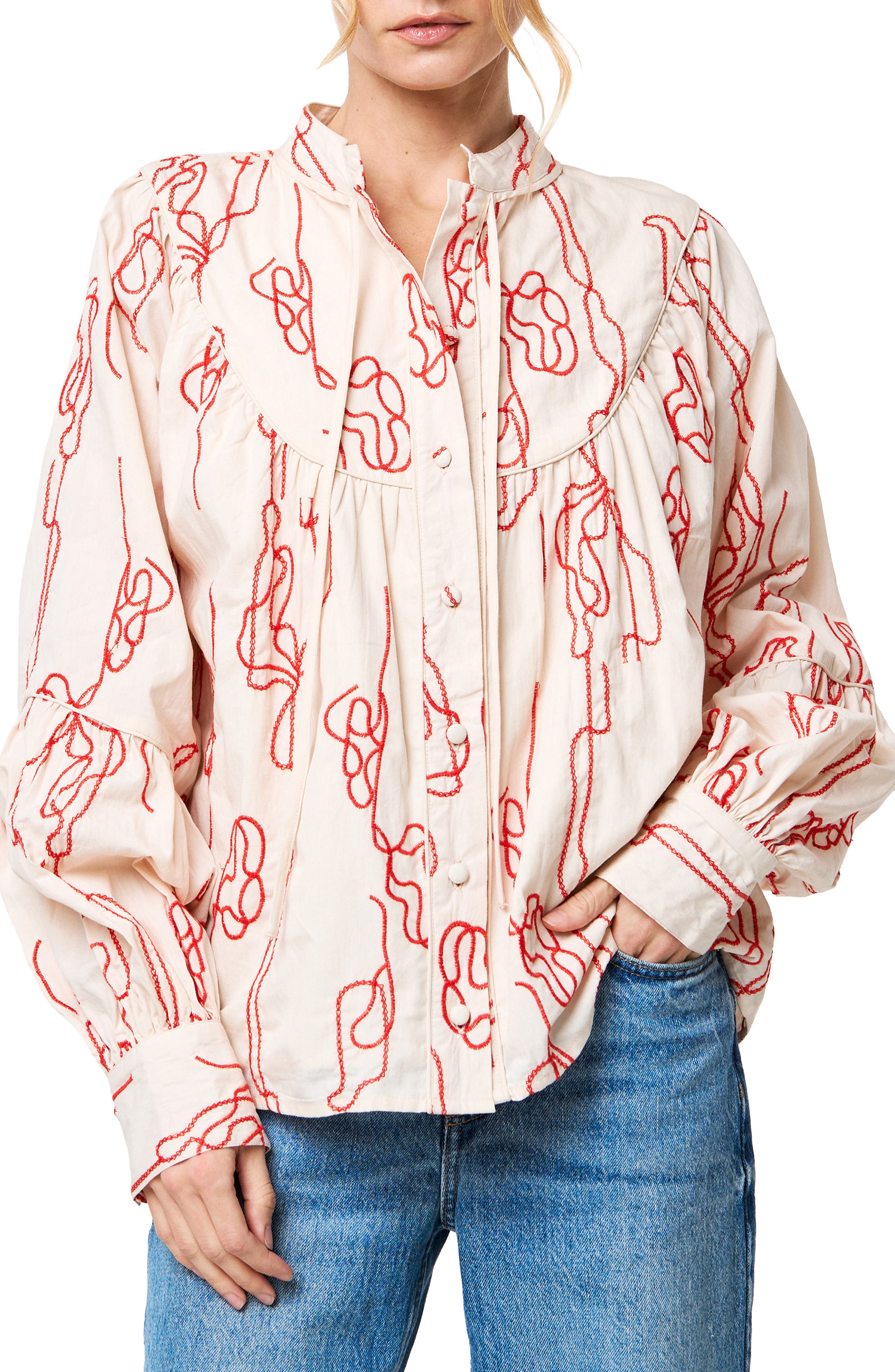 CIEBON Calla Embroidered Tie Neck Shirt in Red Multi 