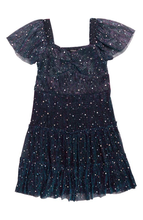 Zunie Kids' Sequin Plissé Tiered Dress in Black Multi 