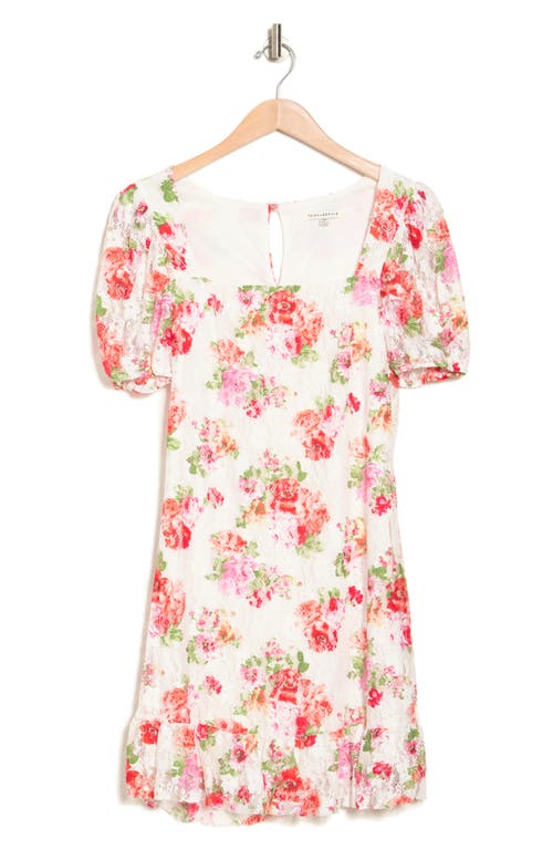 Tash And Sophie Floral Square Neck Lace Minidress In Ivory/multi