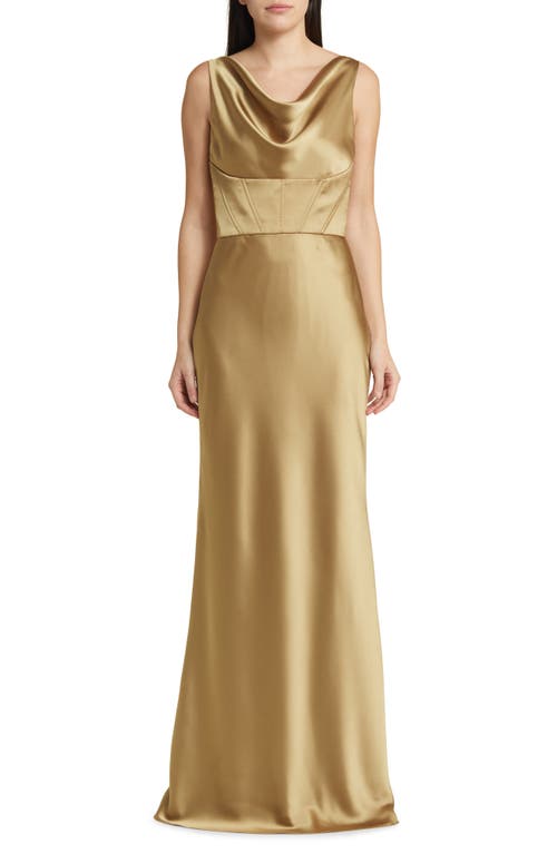 Cowl Neck Corset Satin Gown in Gold