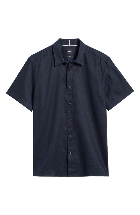 Shop Hugo Boss Boss Liam Slim Fit Solid Short Sleeve Linen Blend Button-up Shirt In Dark Blue