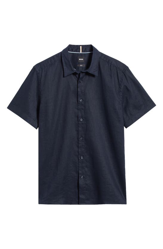 Shop Hugo Boss Liam Slim Fit Solid Short Sleeve Linen Blend Button-up Shirt In Dark Blue