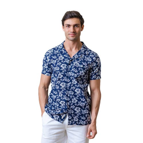 Mens' Linen Short Sleeve Camp Shirt in Navy Hibiscus Linen