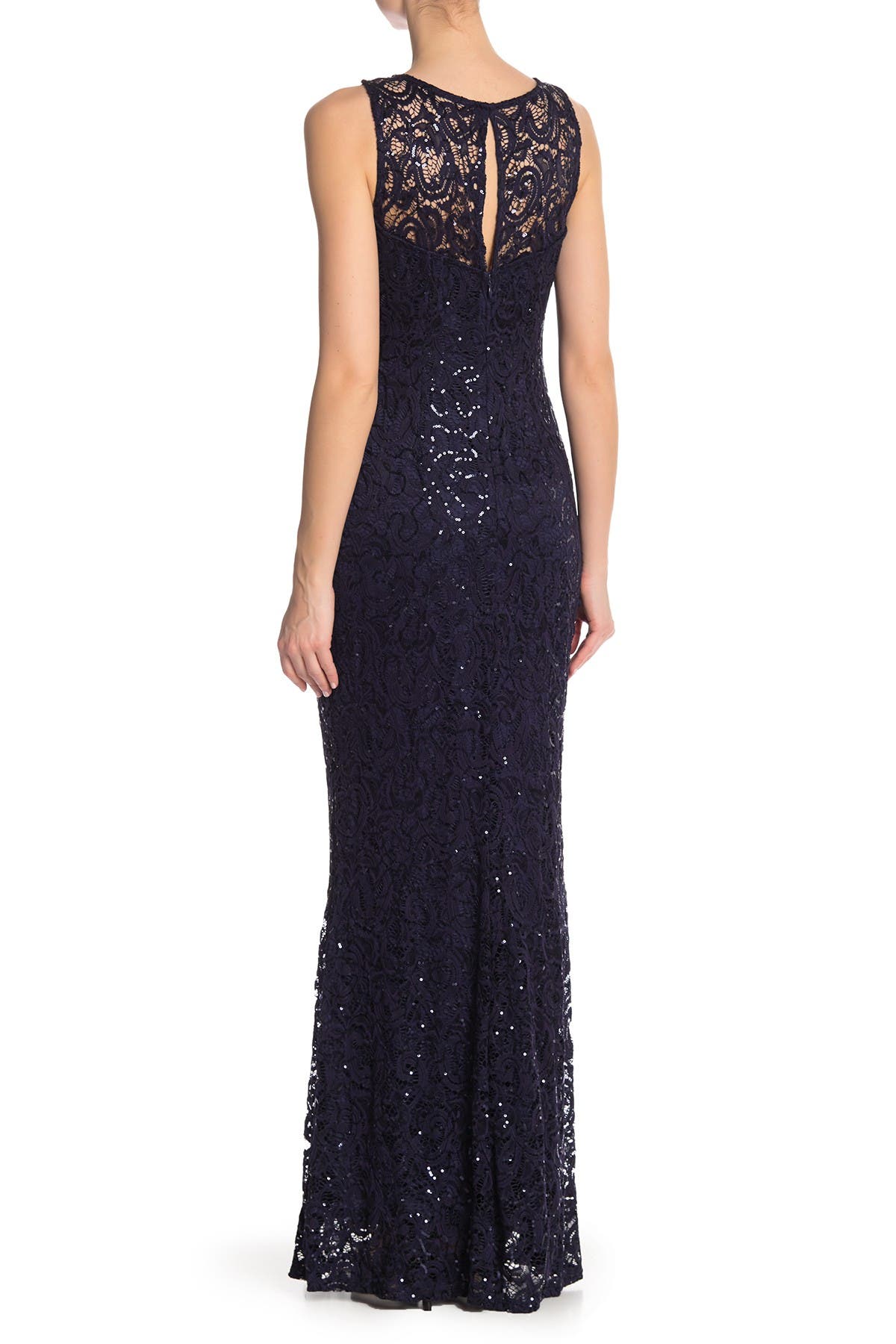 Marina Sequin Lace Sleeveless Maxi Dress In Navy