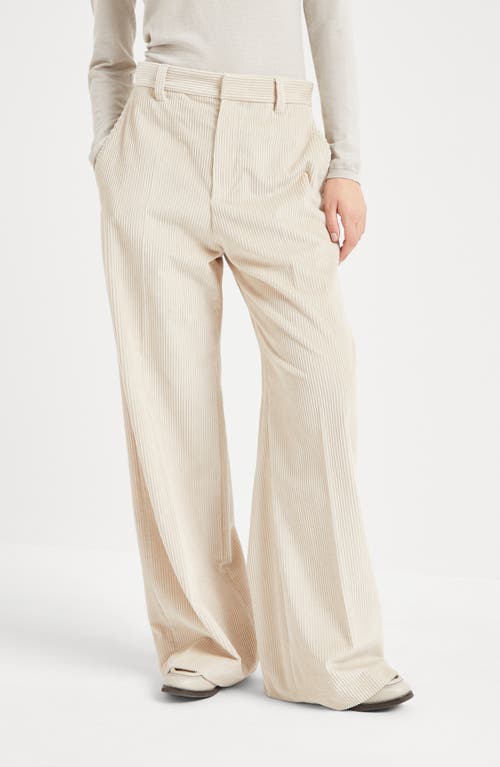 Shop Brunello Cucinelli Cotton Corduroy Loose Trousers With Monili In Beige