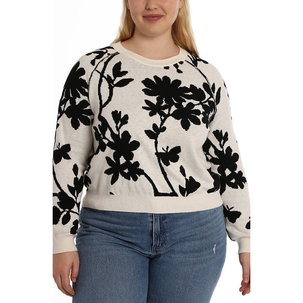 Minnie Rose Plus Size Cotton Blend Long Sleeve Reversible Floral Crew Sweater In Black/starch