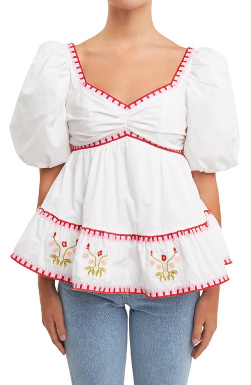 Shop English Factory Embroidered Puff Sleeve Peplum Cotton Top In Ivory/red