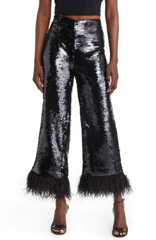 ALEXIS Hana Wide Leg Sequin Feather Trim Pants in Black