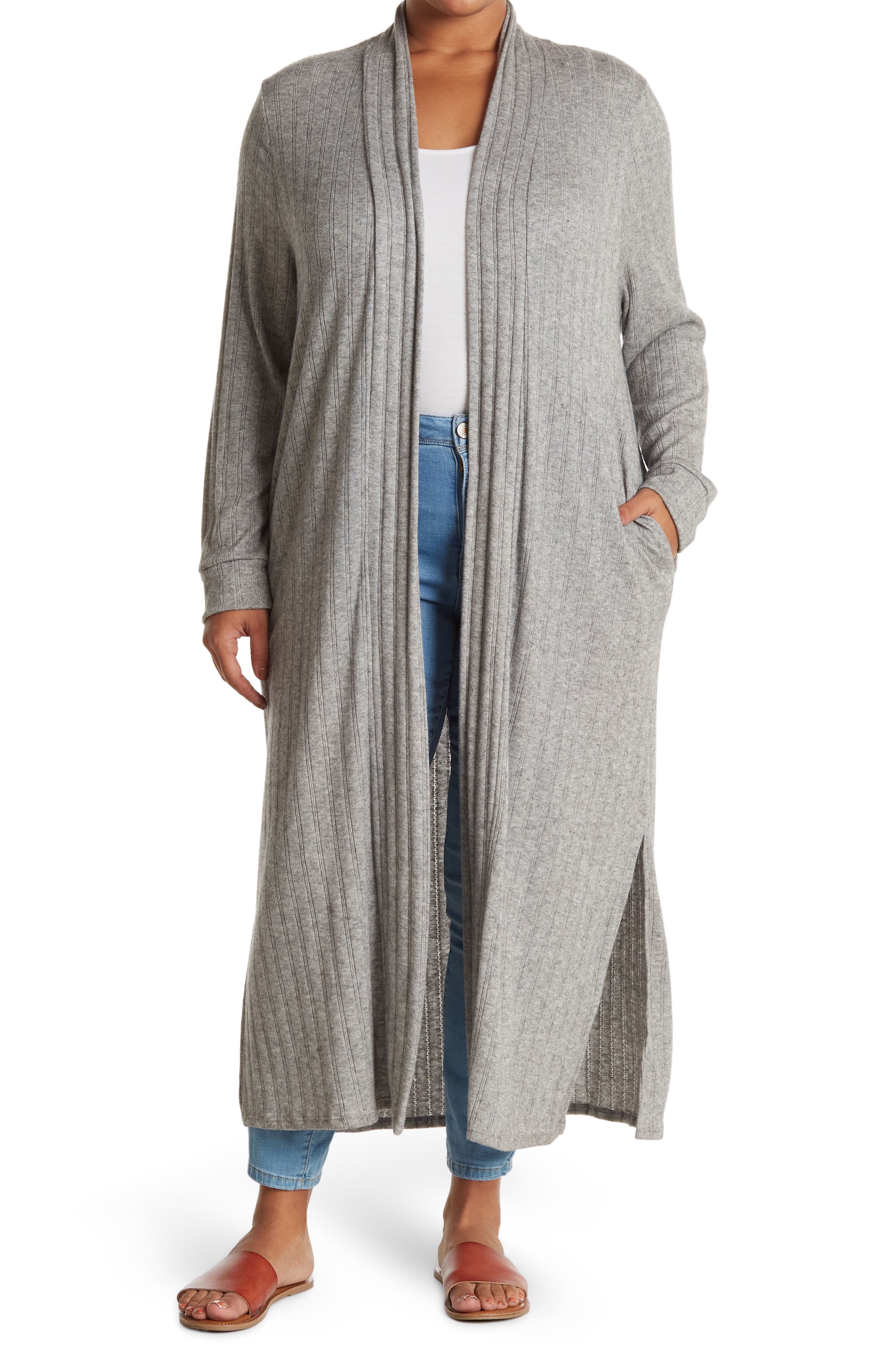 Baea Ribbed Knit Long Line Duster Cardigan In Heather Grey