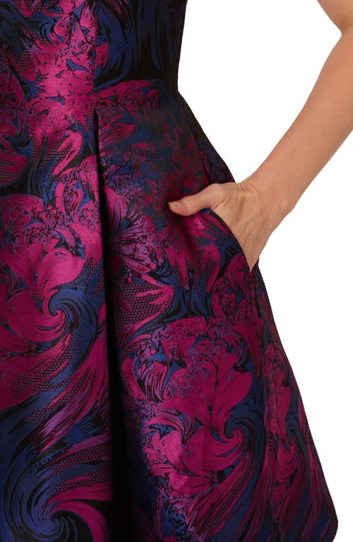 Adrianna Papell Floral Jacquard Back Cutout Cocktail Dress In Navy/orchid