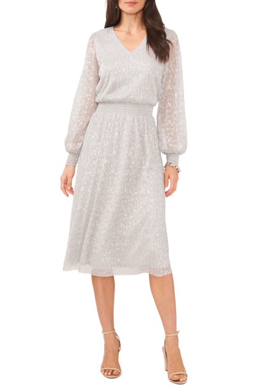 CHAUS CHAUS PLISSÉ V-NECK LONG SLEEVE MIDI DRESS 