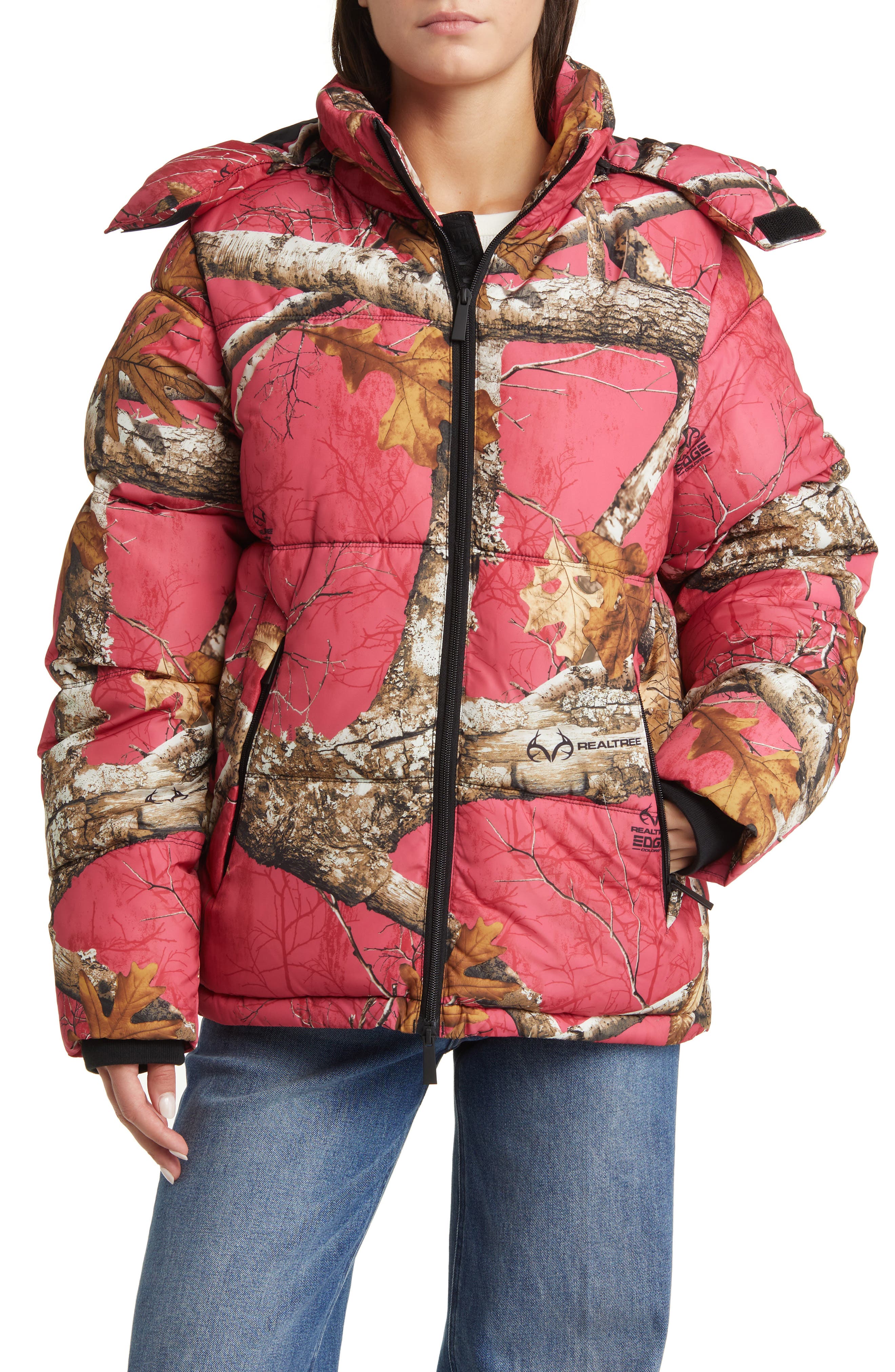 The Very Warm Camo Hooded Puffer Coat in Flamingo Smart Closet