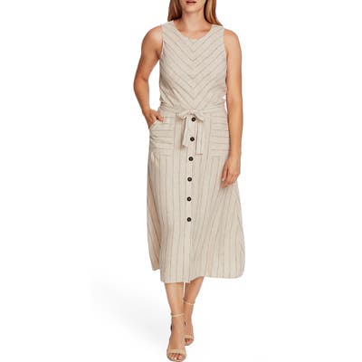 Vince Camuto Natural Stripe Sleeveless Linen Blend A-Line Dress, Beige
