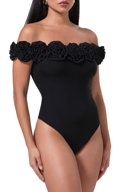 Shop Afrm Solange Rosette Off The Shoulder Mesh Bodysuit In Noir