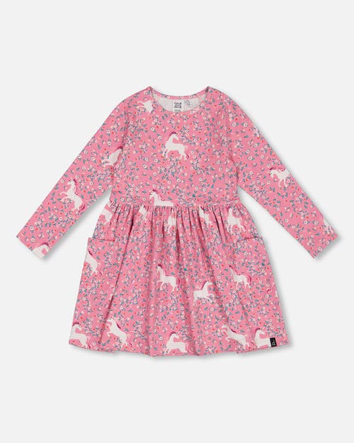 Shop Deux Par Deux Little Girl's Printed Unicorn Dress With Pockets Pink In Printed Unicorns