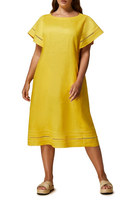 Shop Marina Rinaldi Bartolo Stitch Linen Dress In Yellow