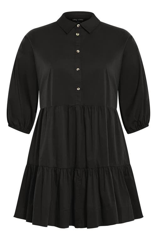 Shop City Chic Kiara Balloon Sleeve Tiered Shirtdress In Black