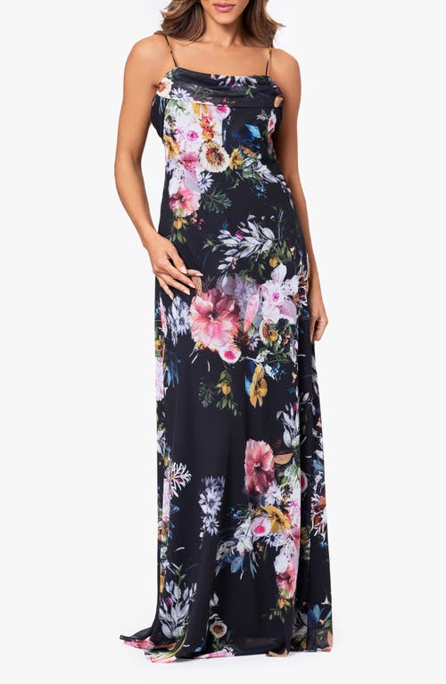 Betsy & Adam Floral Print Cowl Neck Gown In Black