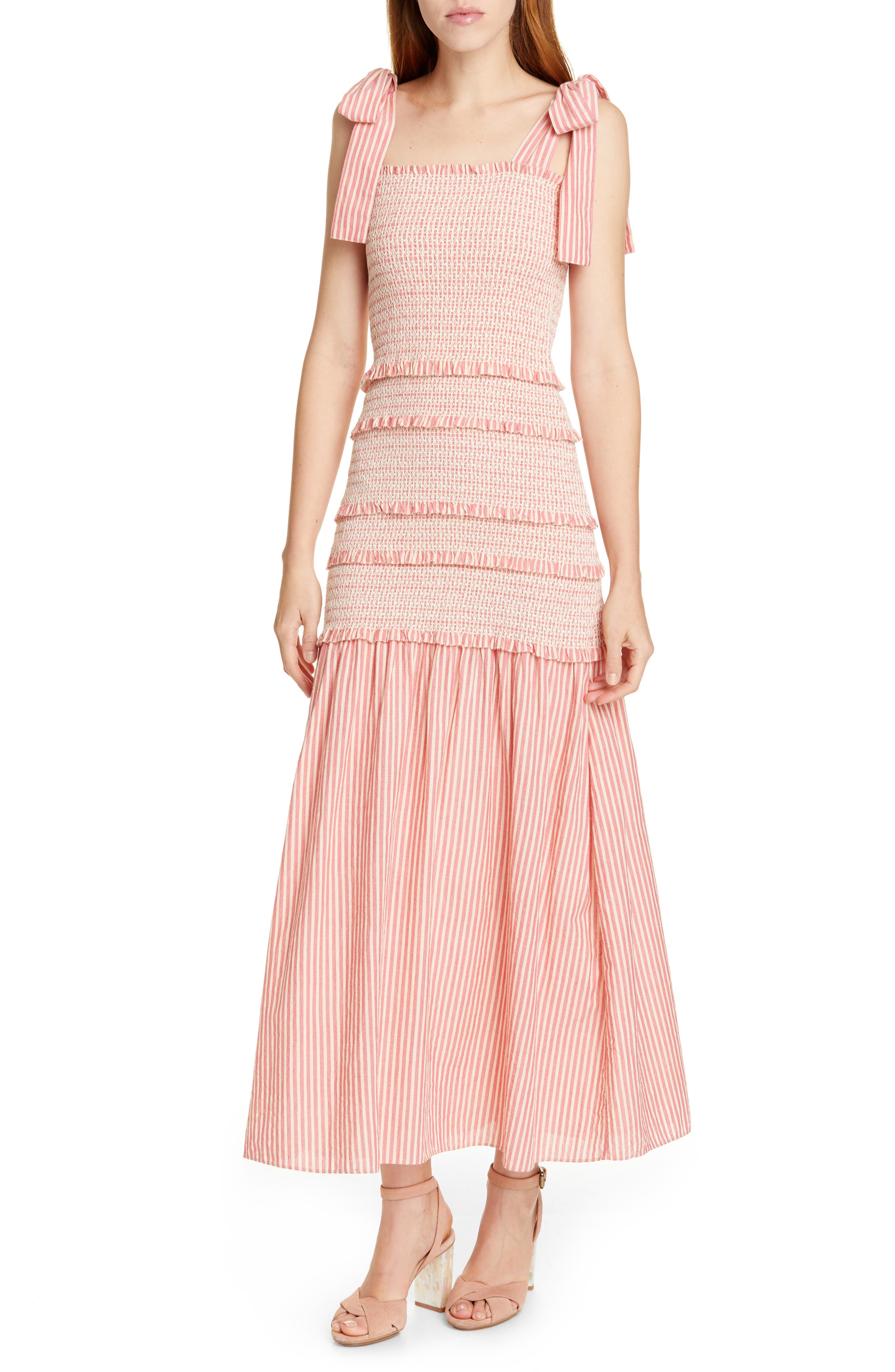Loveshackfancy Robyn Stripe Smocked Ruffle Maxi Dress, Pink