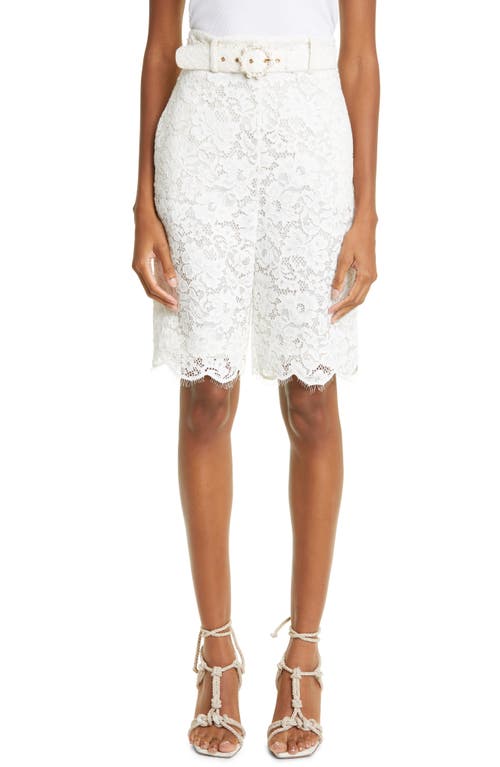 Zimmermann High Tide Belted Longline Guipure Lace Shorts in Ivory