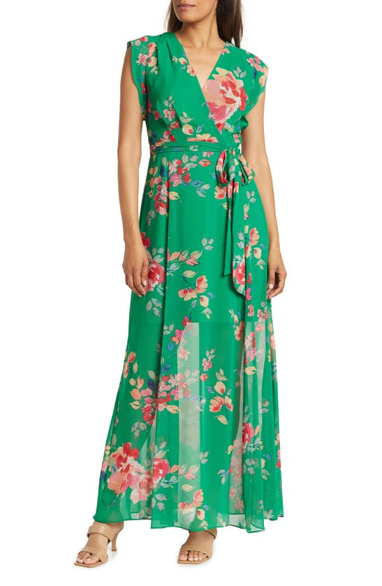 Eliza J Green Floral Dress Floral Print Eliza J Faux Wrap Midi Dress ELIZA J  Floral