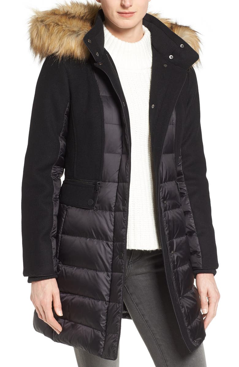 1 Madison Mixed Media Faux Fur Trim Hooded Down Coat | Nordstrom
