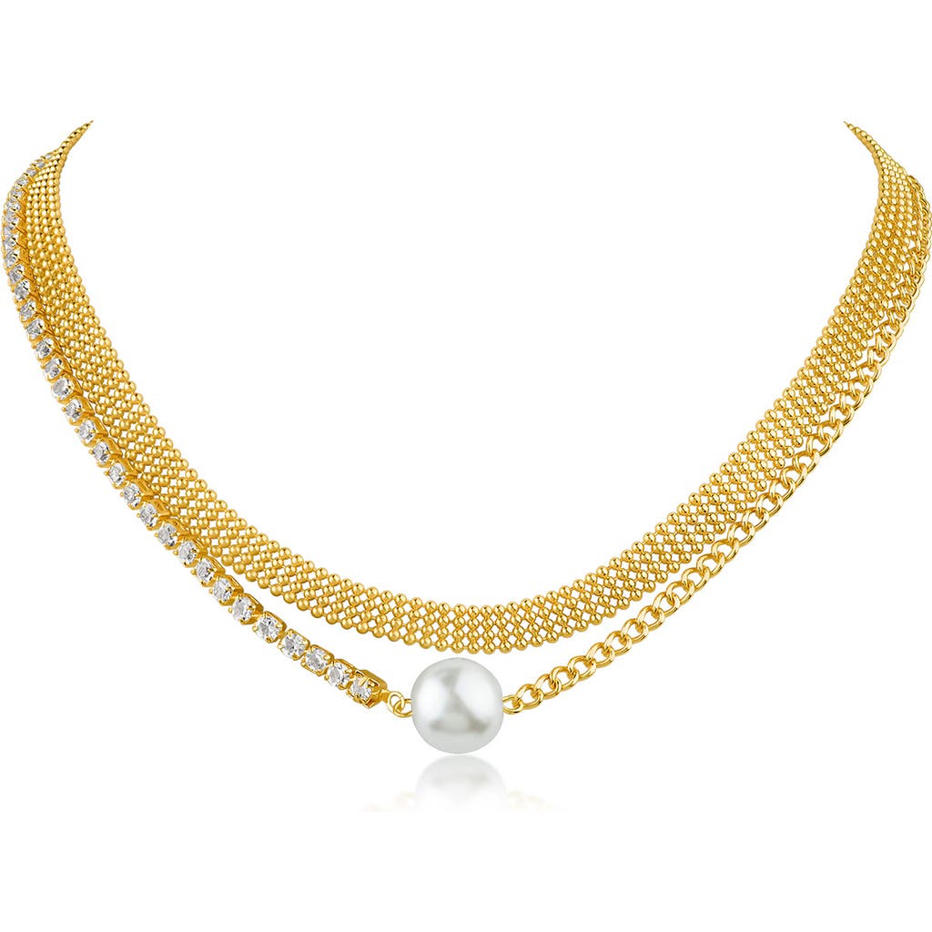 Shop Cz By Kenneth Jay Lane Faux Pearl & Cz Curb Chain Necklace In White/clear/gold