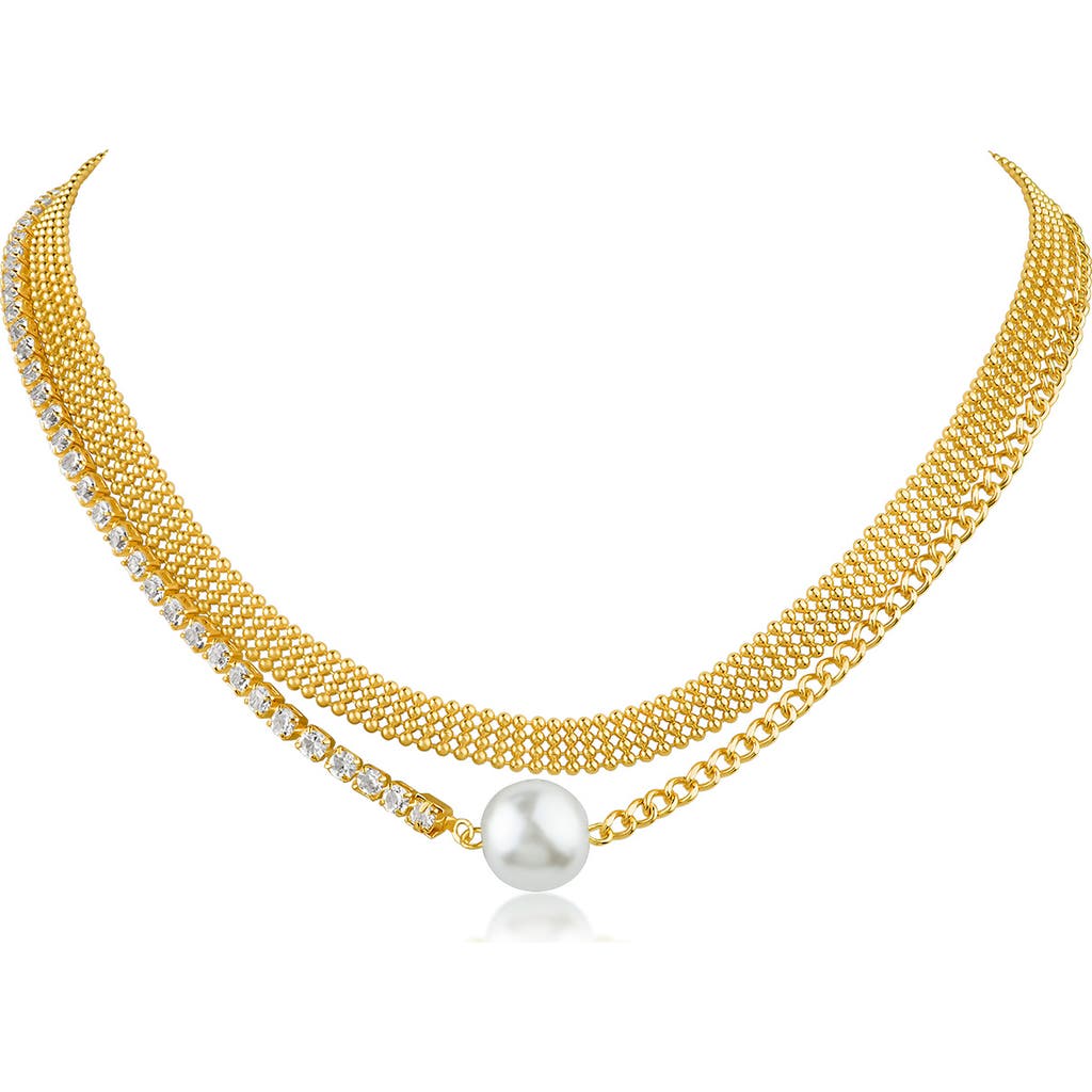 Cz By Kenneth Jay Lane Faux Pearl & Cz Curb Chain Necklace In White/clear/gold