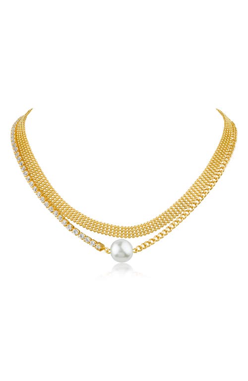 Cz By Kenneth Jay Lane Faux Pearl & Cz Curb Chain Necklace In White/clear/gold